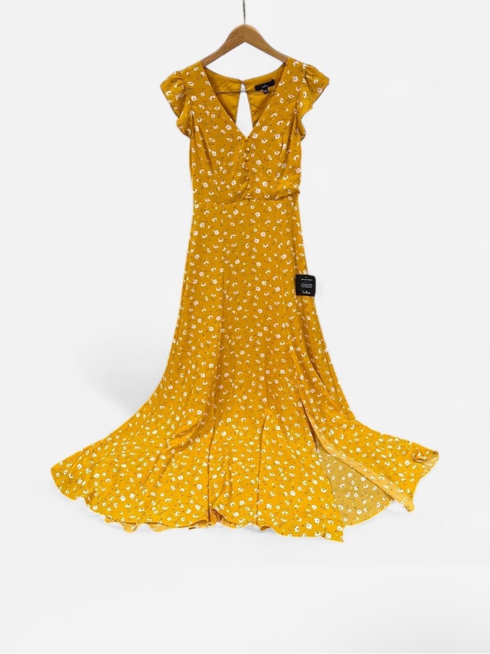 Lulu's Mustard Yellow Floral Maxi Dress size S boho cottage prairie flowy NWT